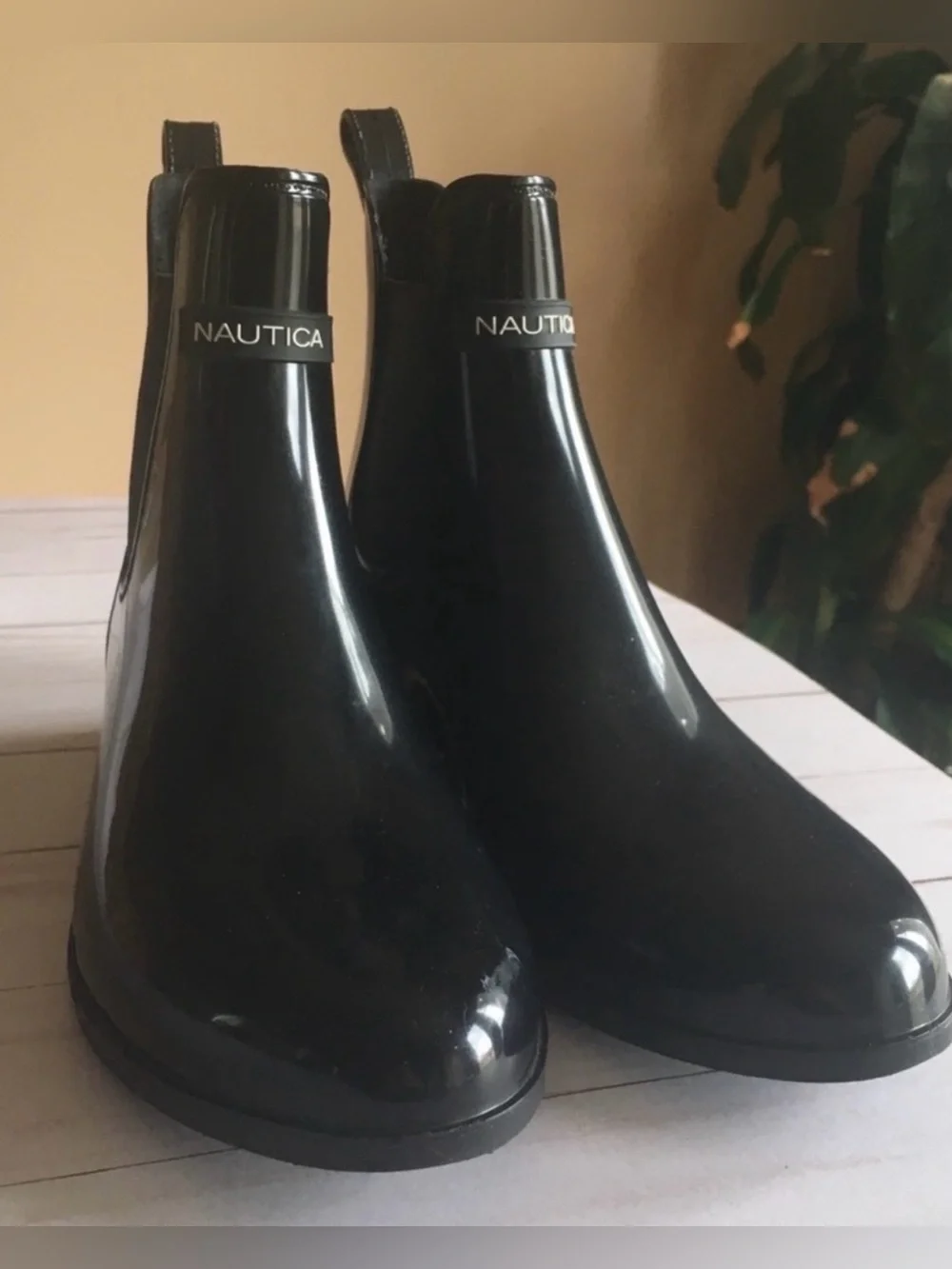 Nautica Women's Chelsea Rain Boots. high-shine black rubber